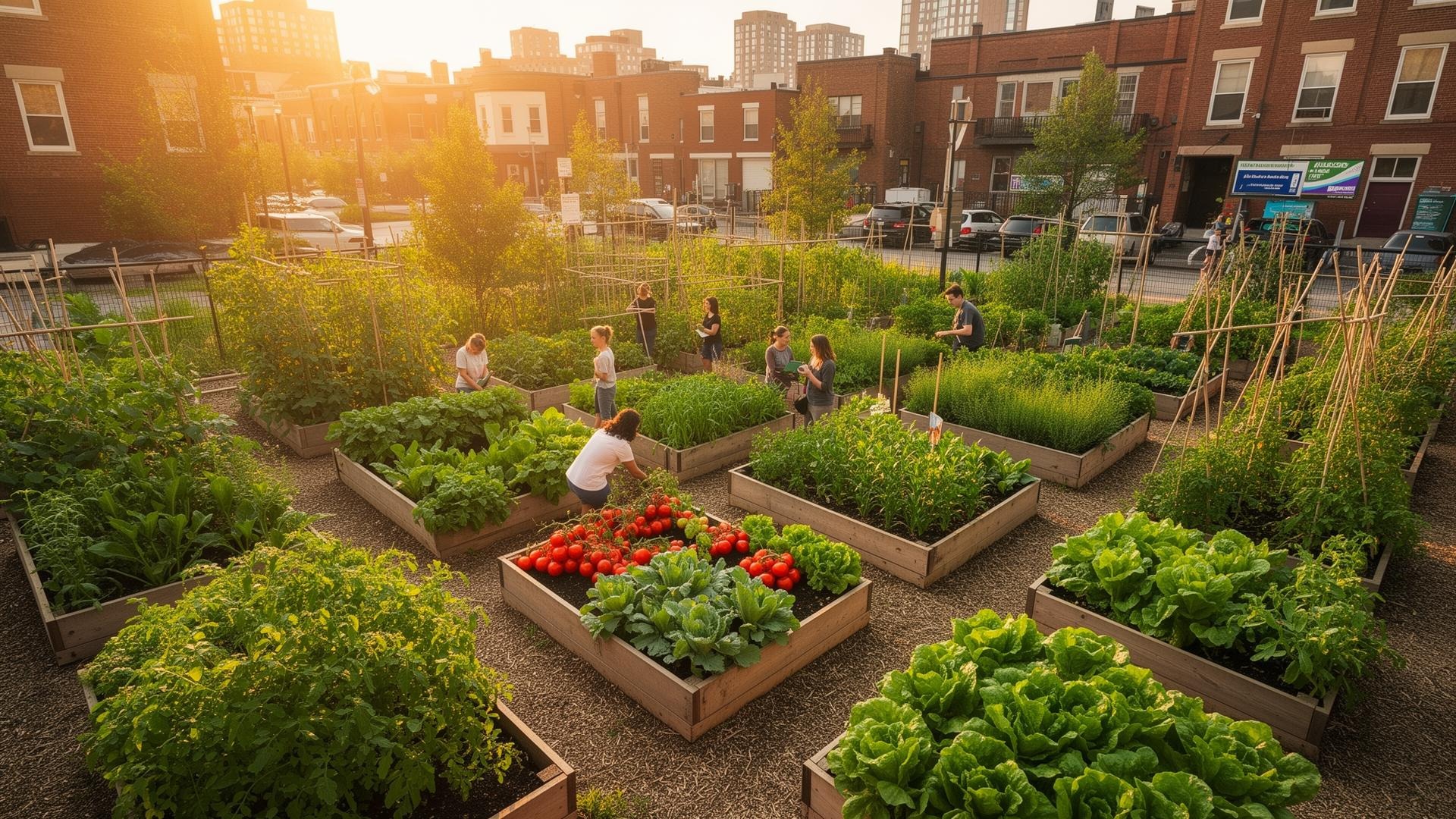 Indianapolis community farm with people tending to raised garden beds